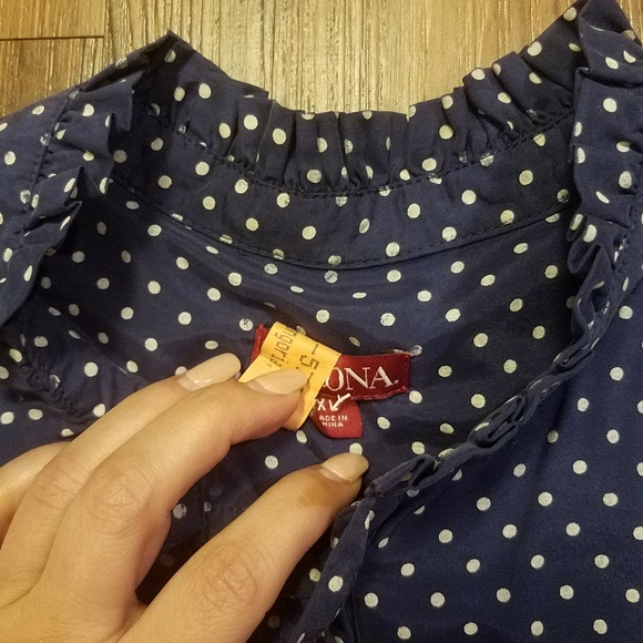 Navy, white polka dot long sleeve pull over blouse - Picture 5 of 7